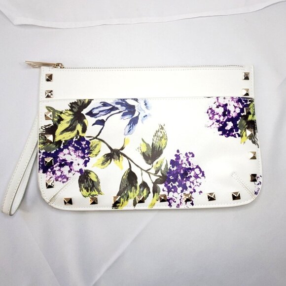 White House Black Market WHBM Floral Studded Wristlet Clutch White Purple Green - Picture 3 of 8